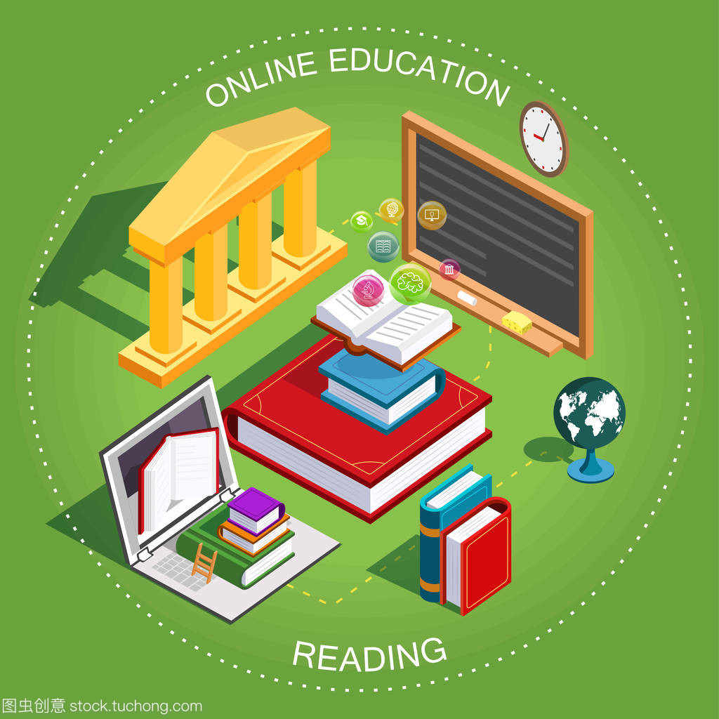 在線教育等軸測圖。在圖書館看書學習的概念。平面設計。矢量圖